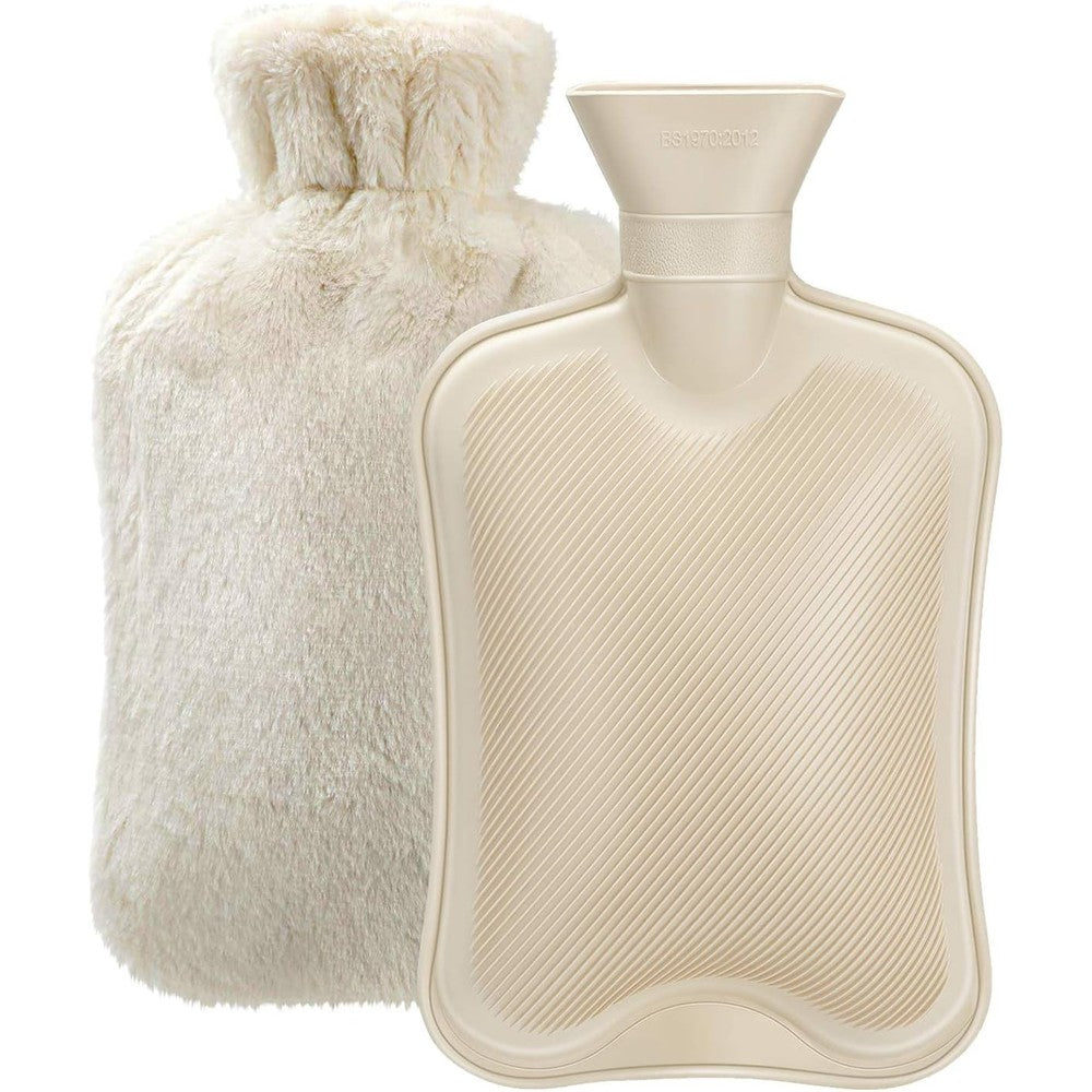 Fythao classic rubber hot water bottle with beige plush cover front view for menstrual cramp relief