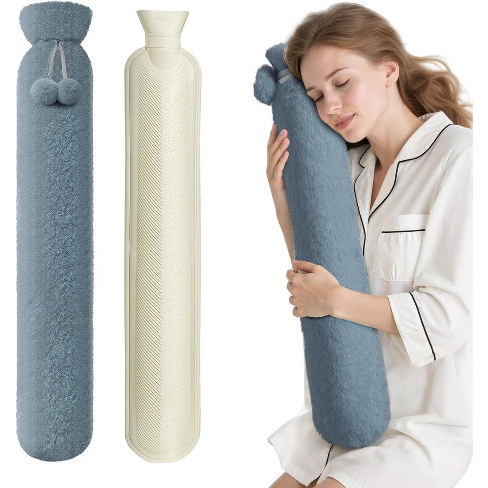 AIKOTOO Rubber Hot Water Bottle with Noble Gray plush cover front view for menstrual cramp relief.