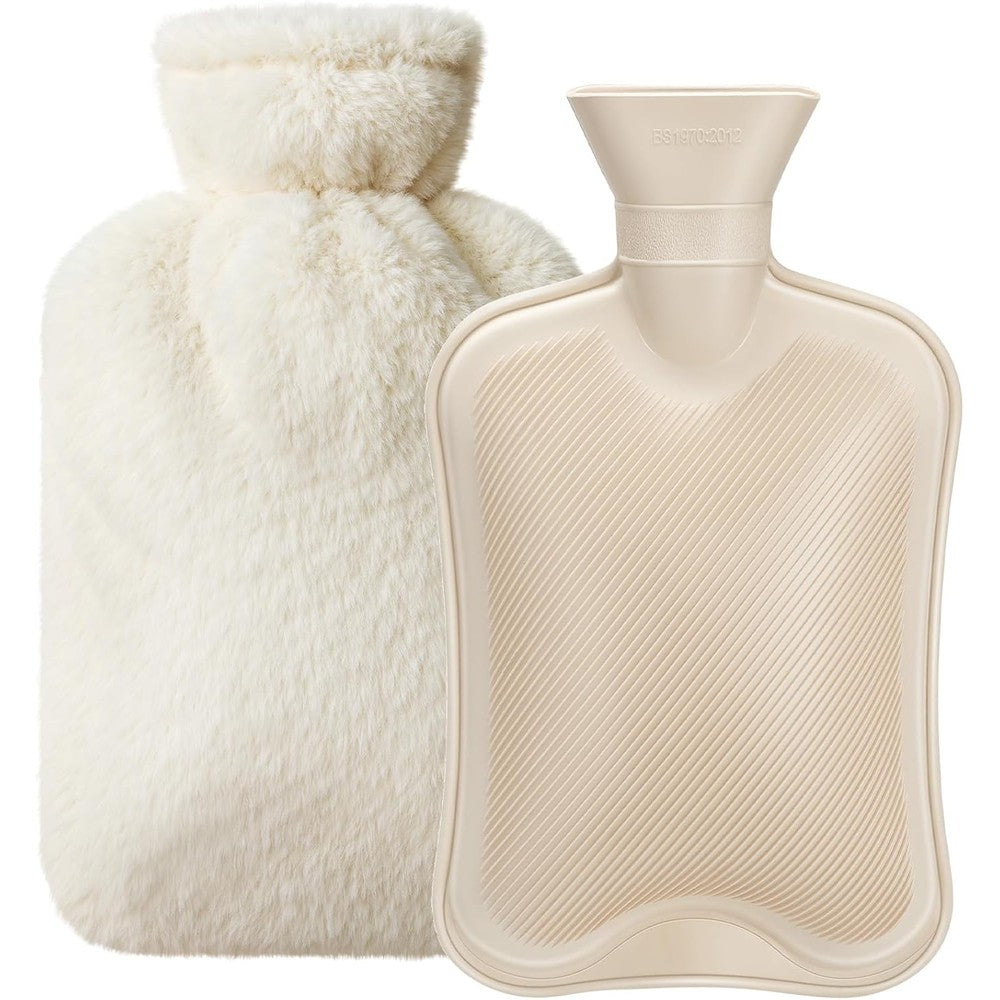 Dawdix 2 Litre Natural Rubber Hot Water Bottle front view with cream white cover.
