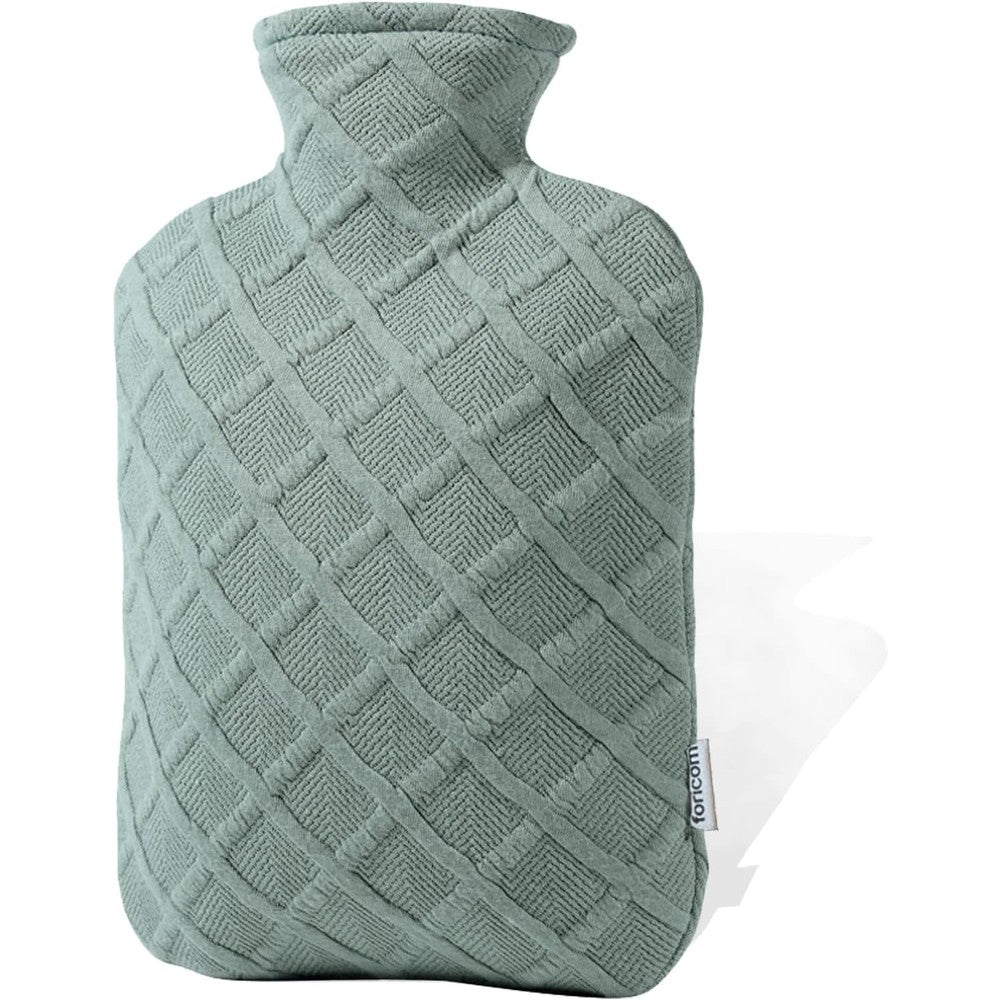 FORICOM Hot Water Bottle front view with sage green knitted sweater cover for personal care