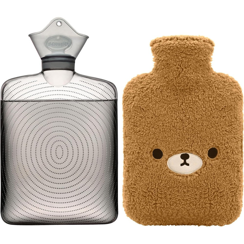 Samply hot water bottle front view with brown bear fleece cover