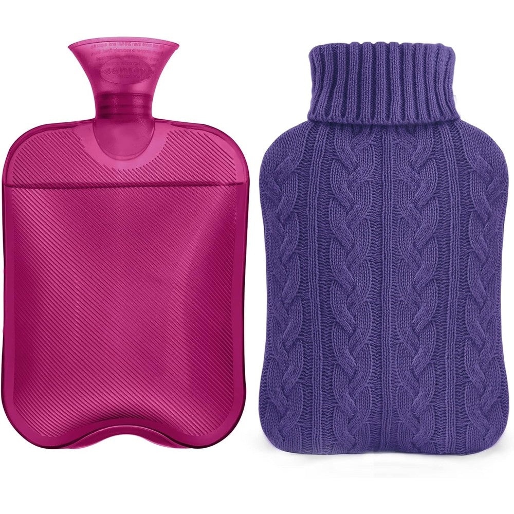Samply hot water bottle purple knitted cover front view for menstrual cramp relief