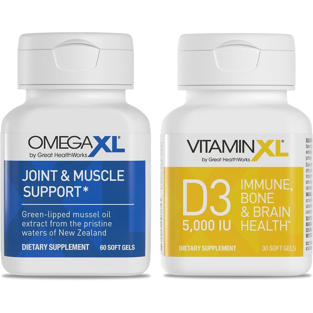OmegaXL joint support supplement and VitaminXL D3 bundle front view