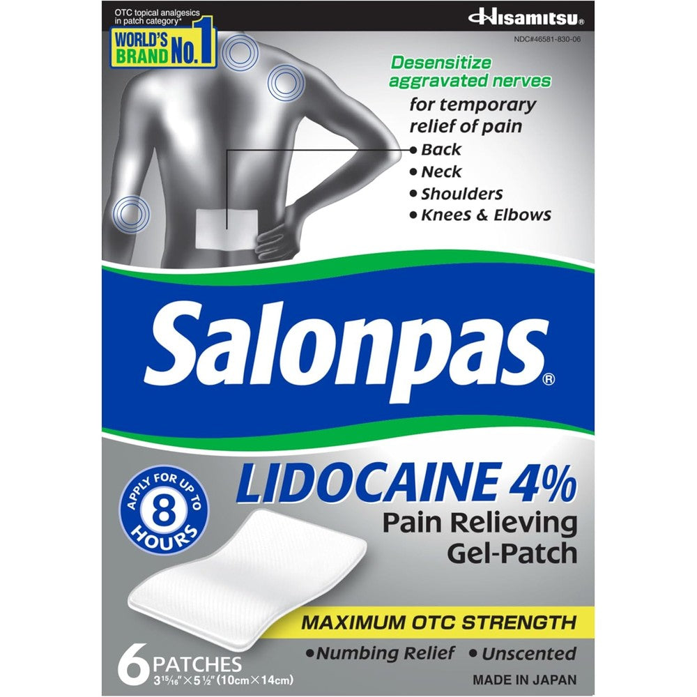 Salonpas Lidocaine 4% Pain Relieving Gel Patch 6 Count front view