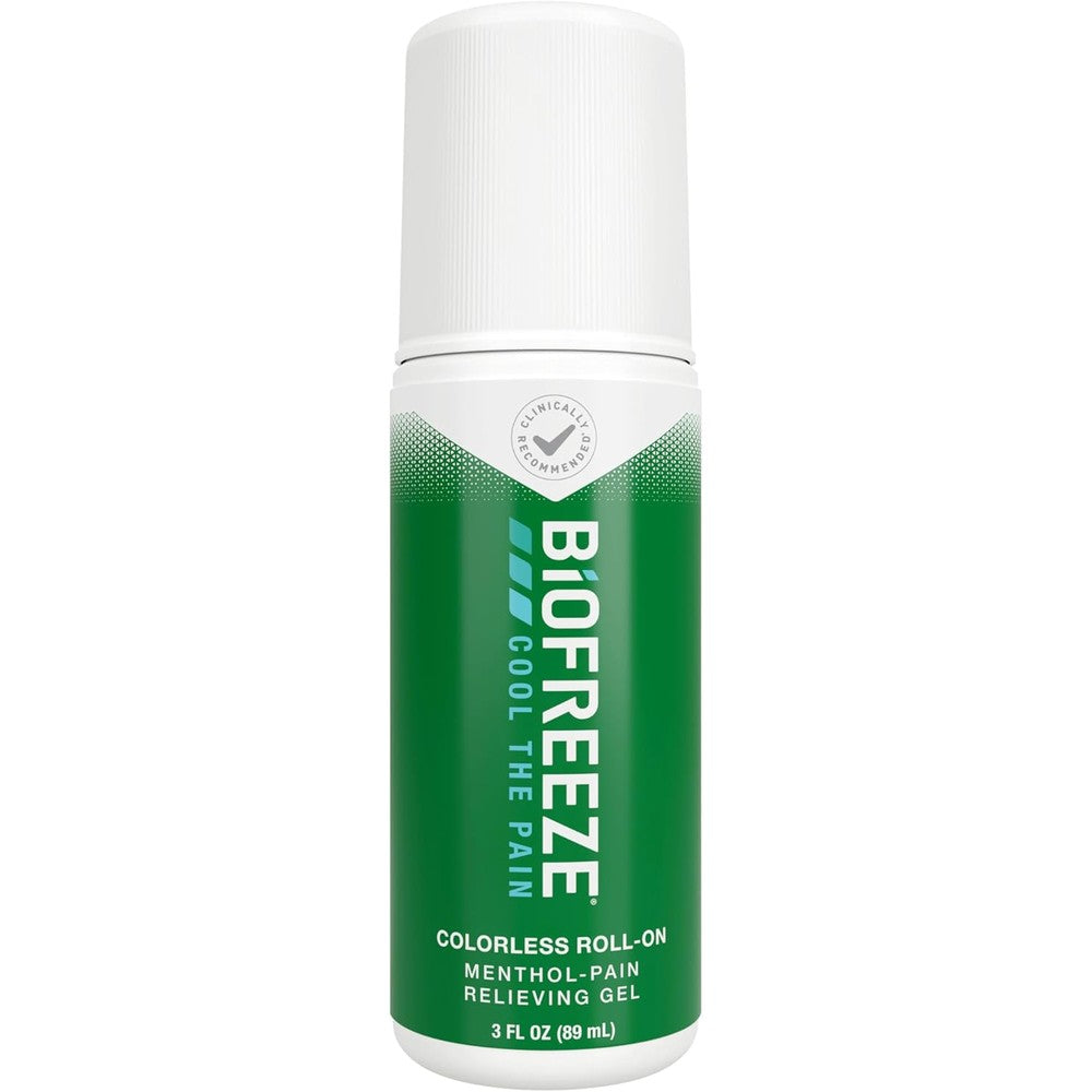 Biofreeze colorless pain relieving gel roll on front view showing cooling menthol topical analgesic bottle