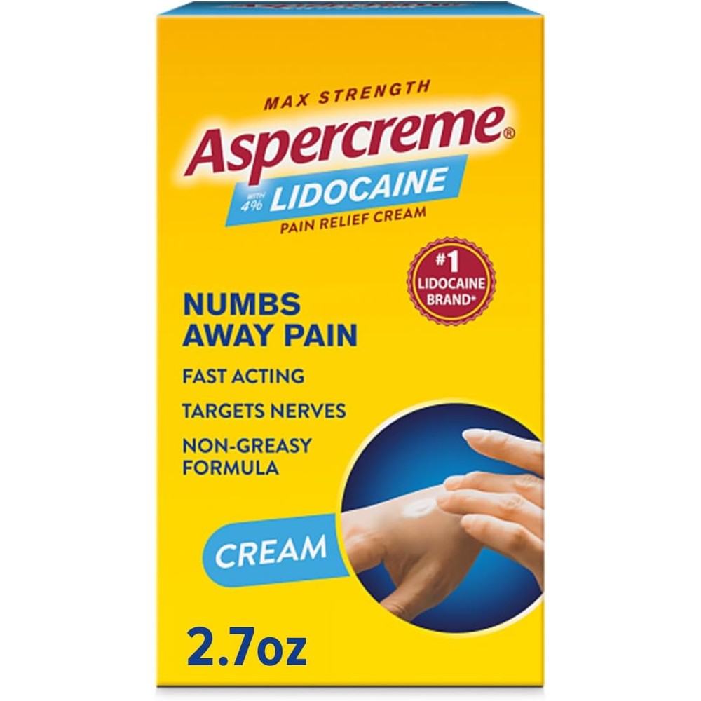 Aspercreme lidocaine pain relief cream front view showing maximum strength label.