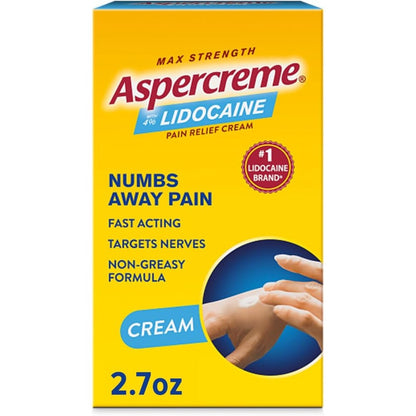 Aspercreme lidocaine pain relief cream front view showing maximum strength label.