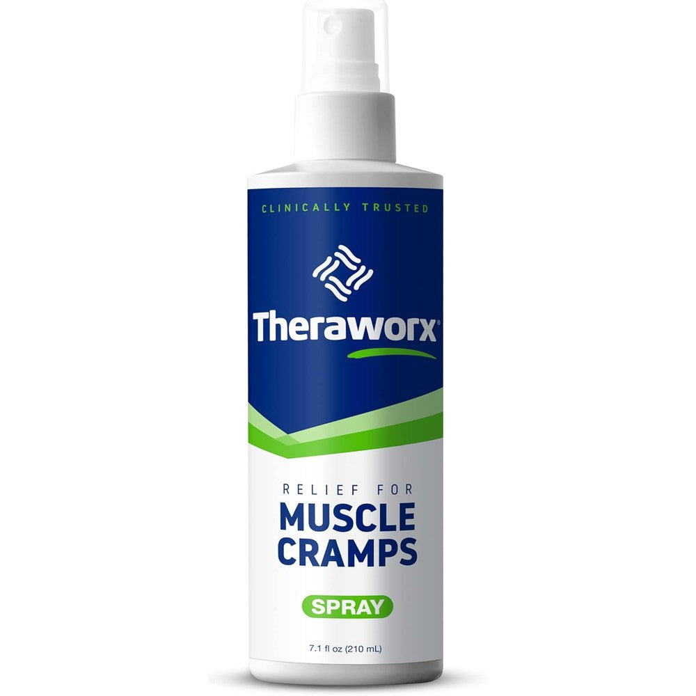 Theraworx Relief Muscle Cramp Spray front view bottle for fast leg cramp support