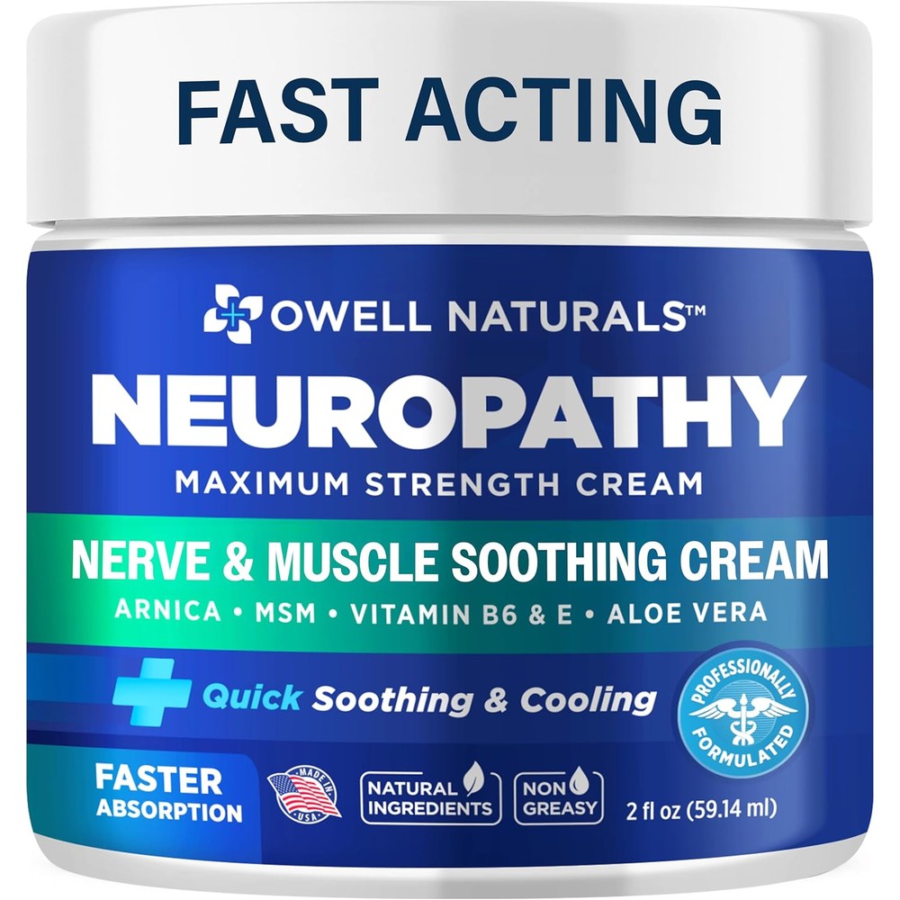 Owell Naturals Neuropathy Nerve Relief Cream front view packaging for foot and hand care.