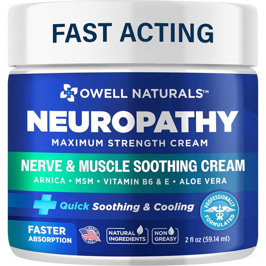Owell Naturals Neuropathy Nerve Relief Cream front view packaging for foot and hand care.