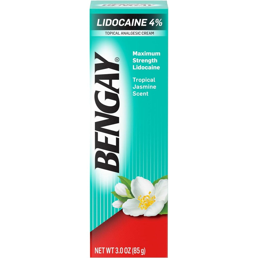 Bengay Lidocaine Pain Relief Cream front view showing three ounce packaging