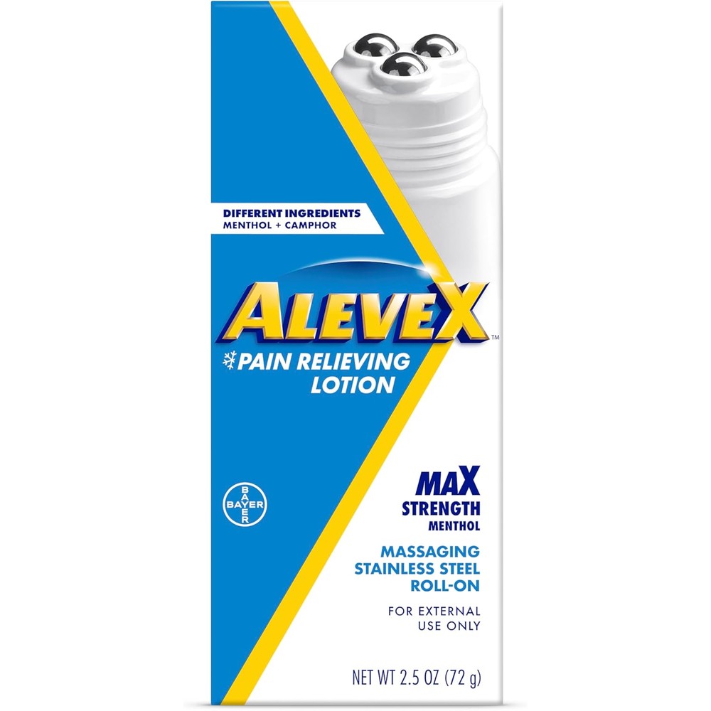 AleveX Topical Pain Relief Lotion front packaging view showing the cooling rollerball design.