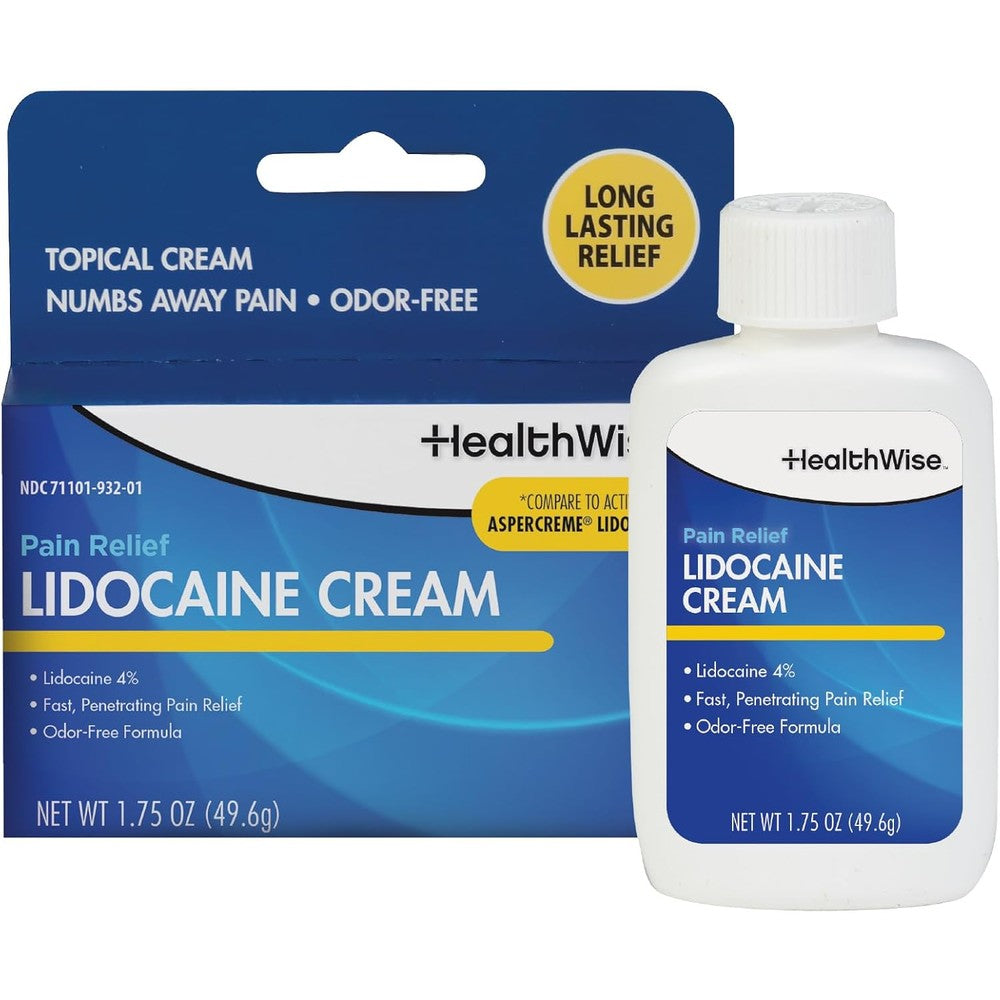 HealthWise Maximum Strength Lidocaine Cream front packaging view for imported pain relief