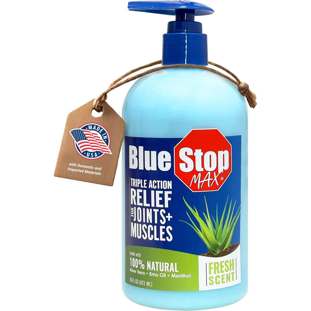 Blue Stop Max Massage Gel 16 Ounce pump bottle front view