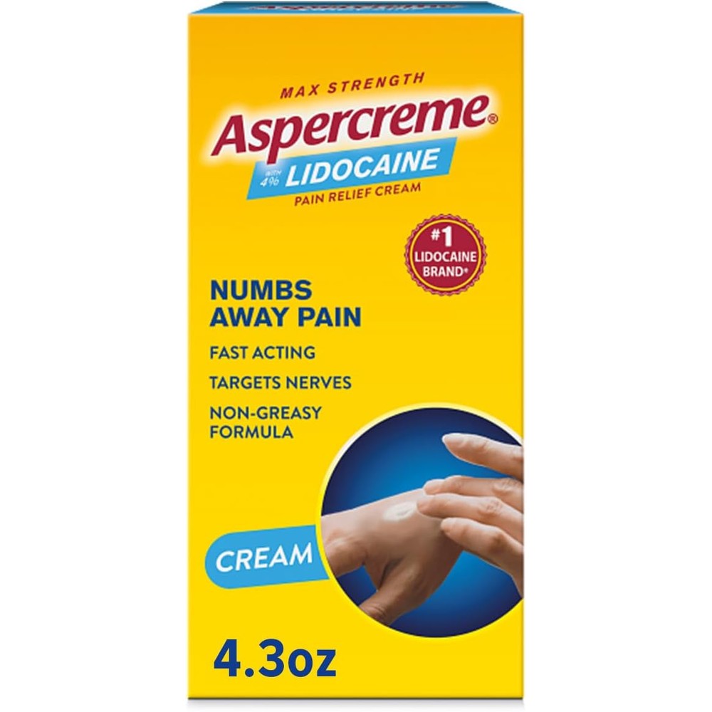 Aspercreme pain relief cream front view packaging for maximum strength lidocaine topical cream.