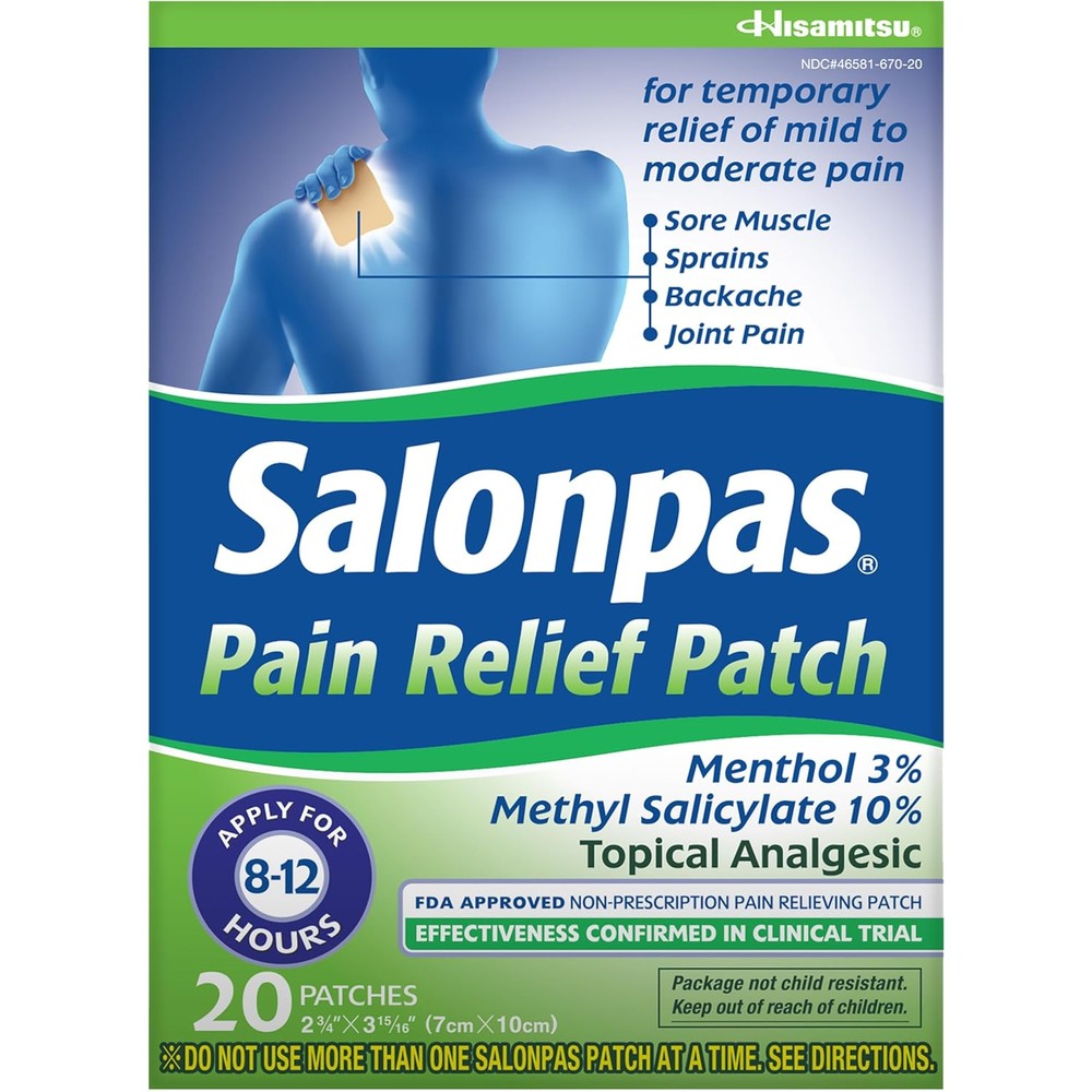 Salonpas Pain Relief Patch twenty count box front view showcasing authentic packaging.