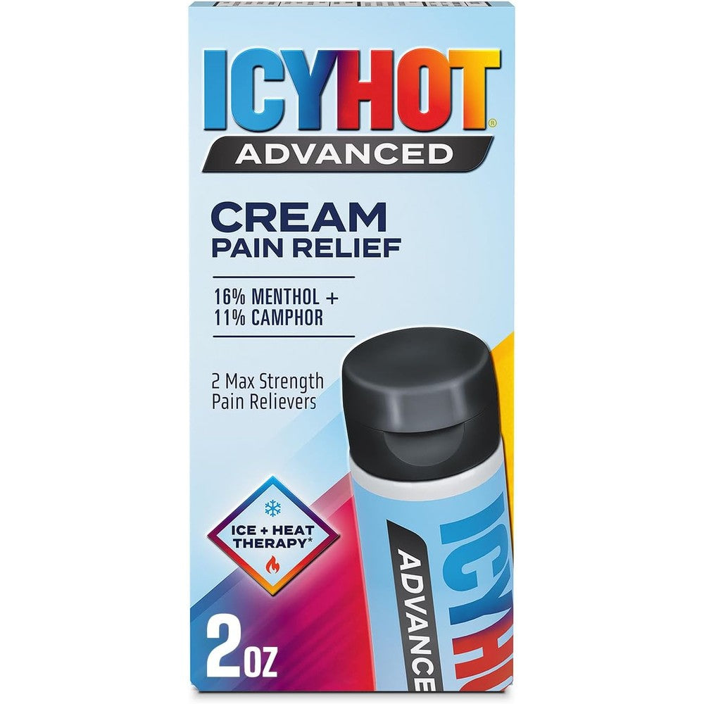 Icy Hot Advanced Pain Relief Cream front view of the two ounce tube showing maximum strength formula