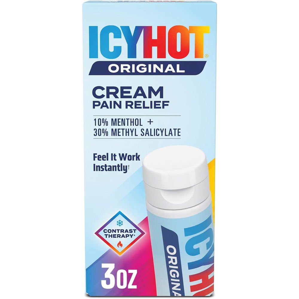 Icy Hot Original Pain Relief Cream front view of 3 Ounce packaging for fast acting muscle relief
