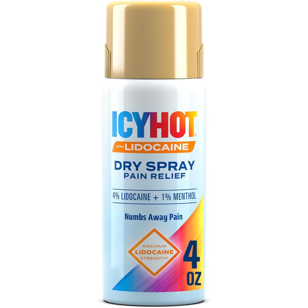 Icy Hot Lidocaine Pain Relief Dry Spray front view of the four ounce can.