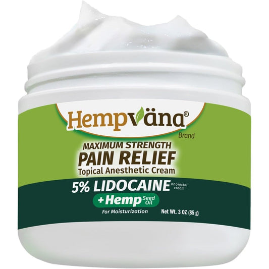Hempvana Maximum Strength Five Percent Lidocaine Pain Relief Cream front view showing packaging details