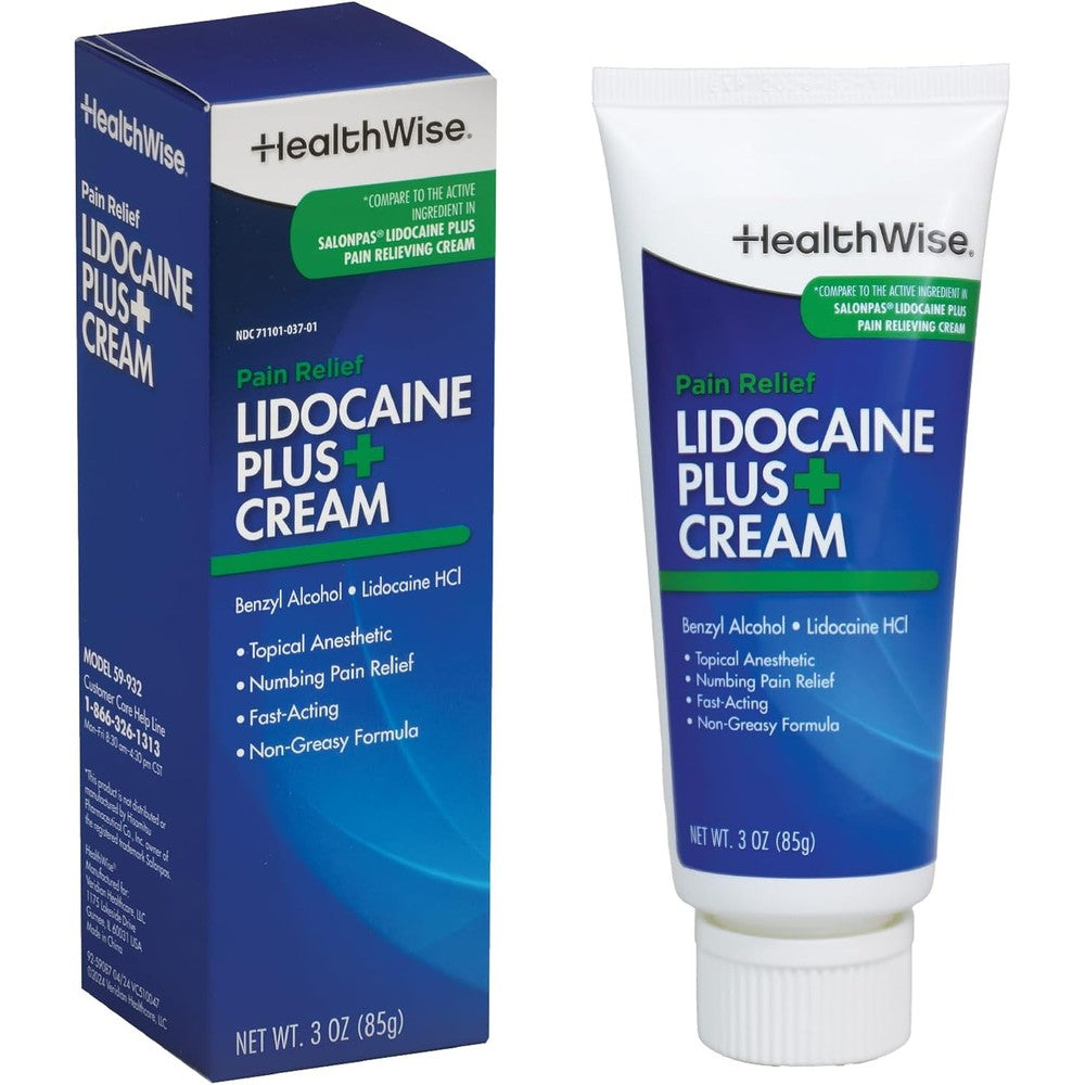 HealthWise Lidocaine Plus Cream front view packaging for maximum strength pain relief.