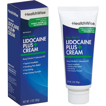 HealthWise Lidocaine Plus Cream front view packaging for maximum strength pain relief.