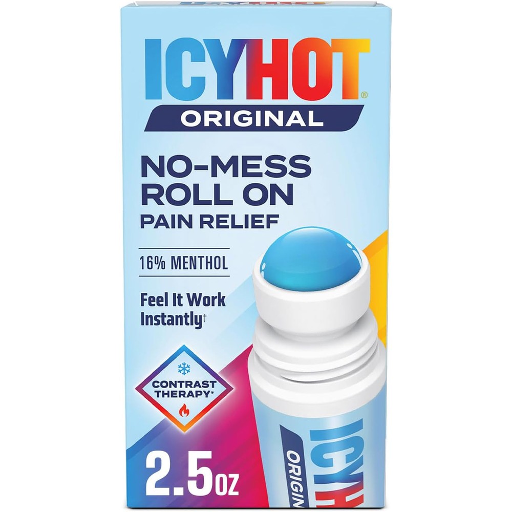 Icy Hot Original Pain Relief No Mess Roll On Applicator front view showing 2.5 ounce bottle packaging