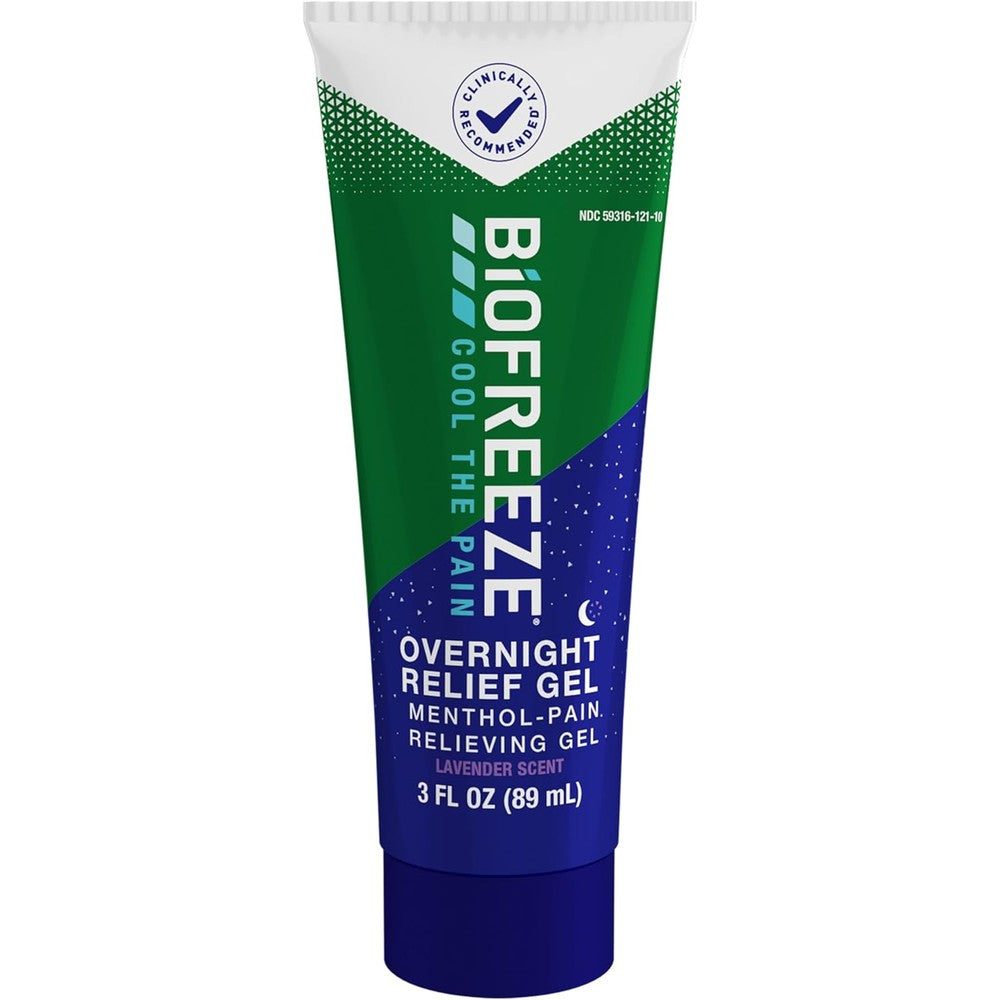 Biofreeze Overnight Pain Relief Gel 3 Fluid Ounce tube front view showing lavender details.