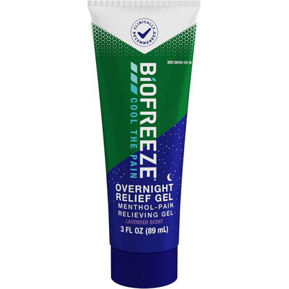 Biofreeze Overnight Pain Relief Gel 3 Fluid Ounce tube front view showing lavender details.