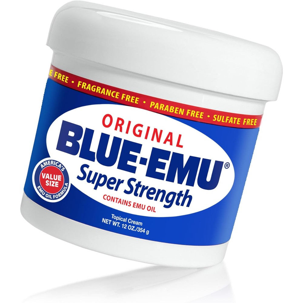 Blue Emu original analgesic cream 12 Ounce jar front view showing the packaging design.