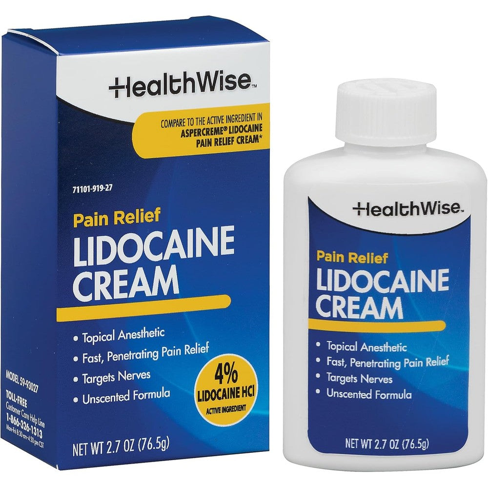 HealthWise Maximum OTC Strength Lidocaine Cream front packaging view showing 2.7 ounces size.