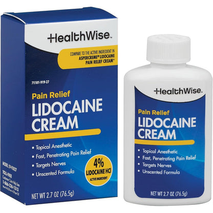HealthWise Maximum OTC Strength Lidocaine Cream front packaging view showing 2.7 ounces size.
