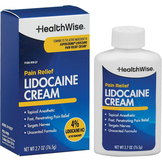 HealthWise Maximum OTC Strength Lidocaine Cream front packaging view showing 2.7 ounces size.
