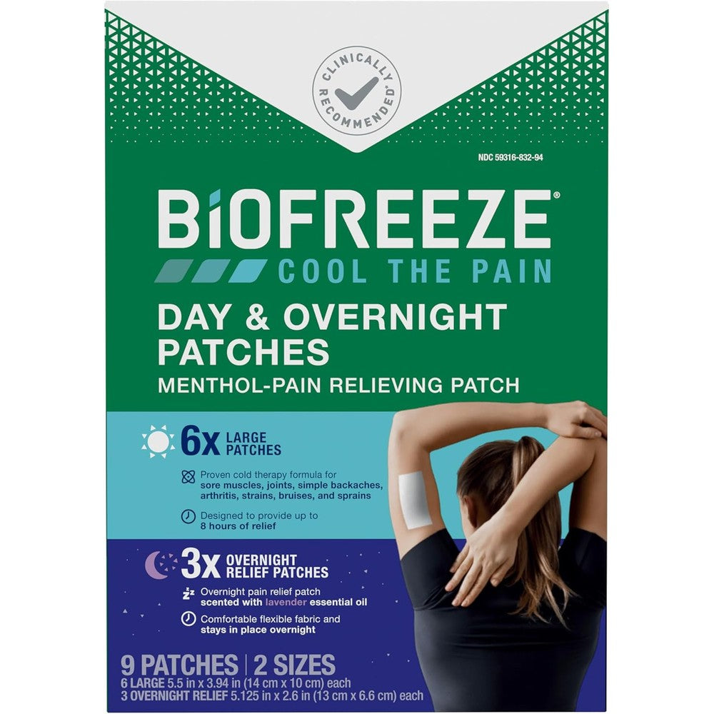 Biofreeze day and overnight pain relief menthol patches packaging front view