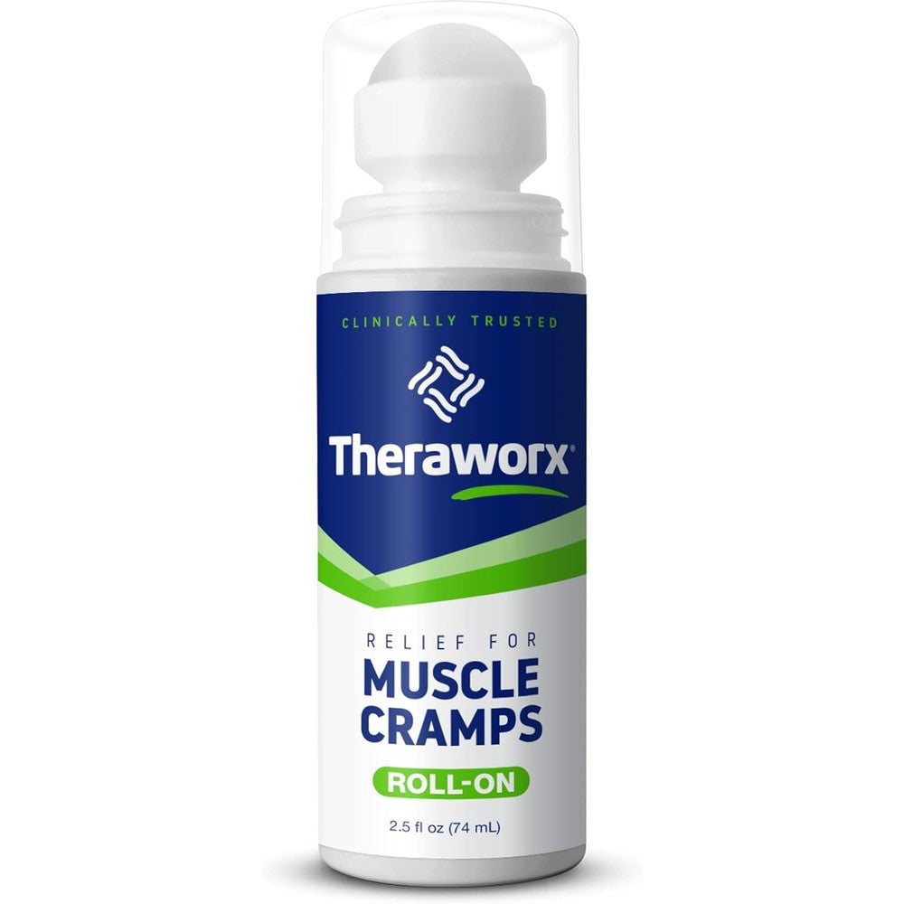 Theraworx Relief for Muscle Cramps Roll-On front view showing packaging details for topical pain relief.