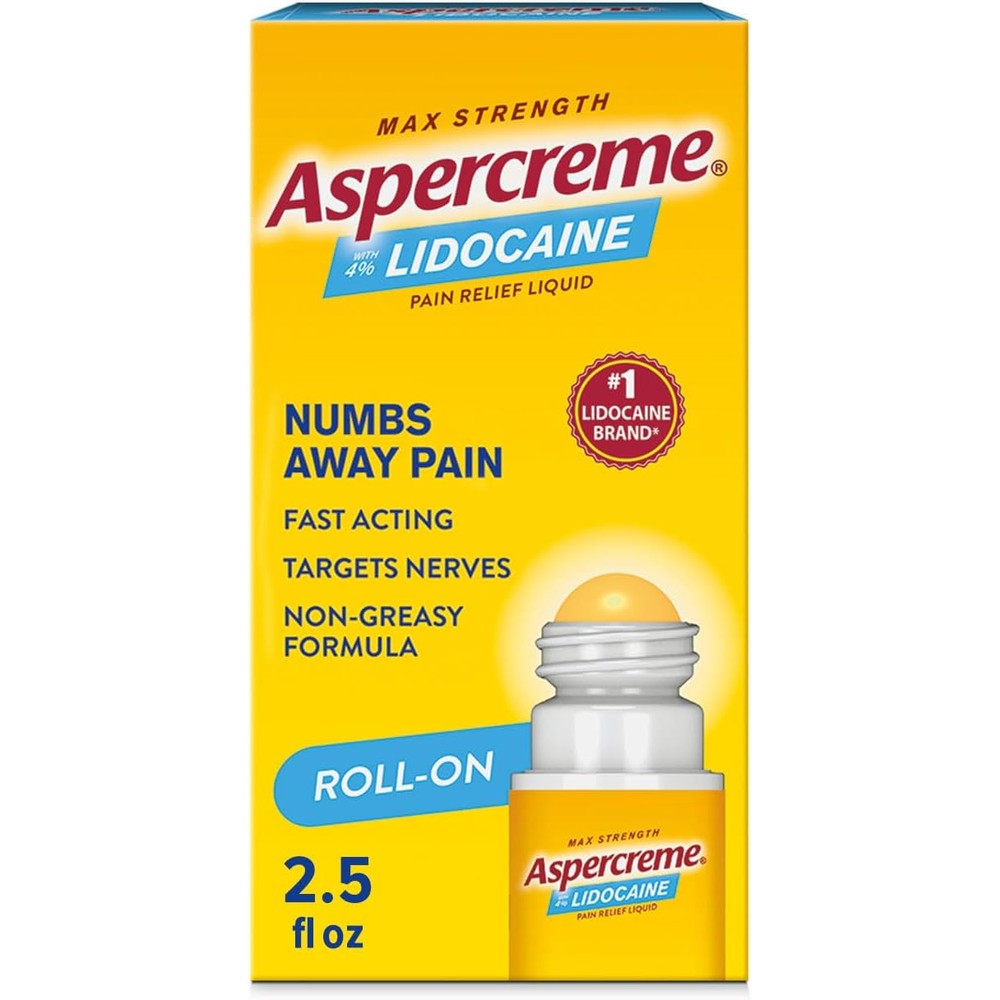 Aspercreme Max Strength Lidocaine Pain Relief Liquid front packaging for topical numbing