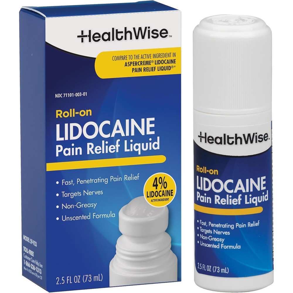 HealthWise 4 Percent Lidocaine Pain Relief Roll On front view showing bottle packaging