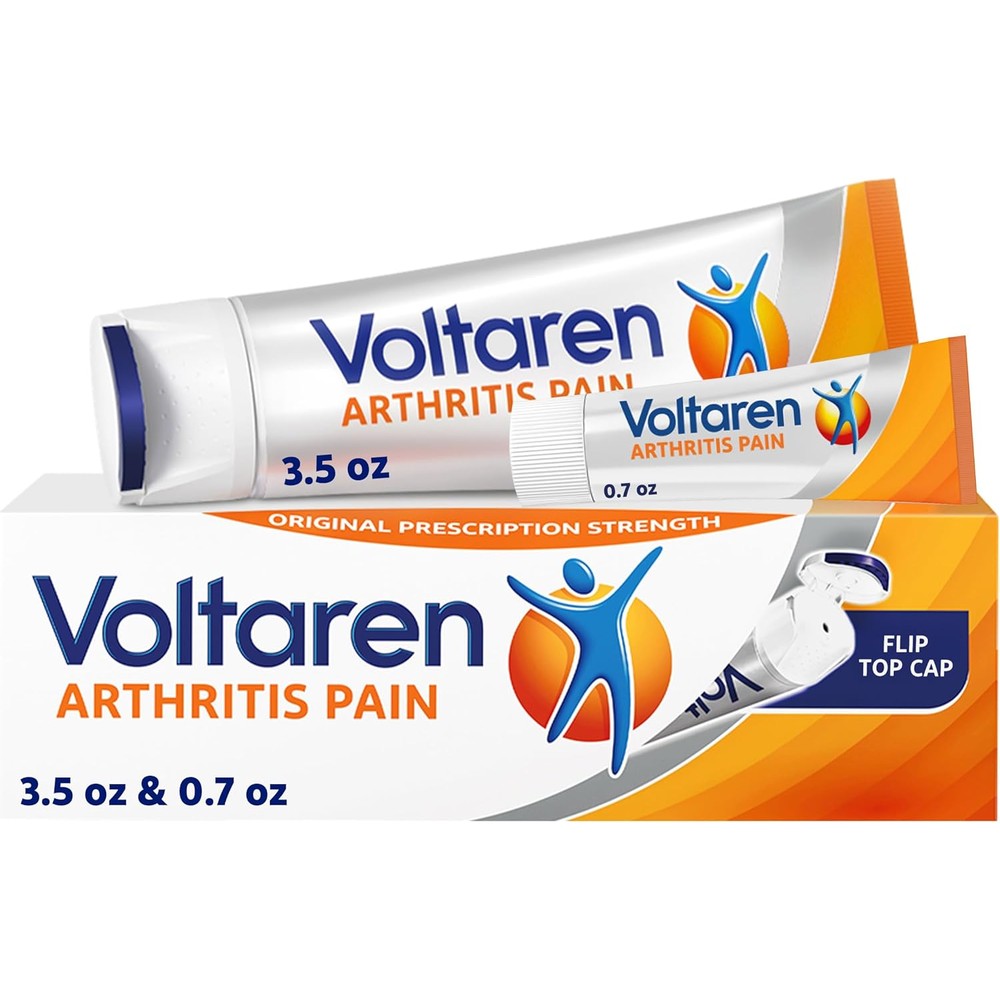 Voltaren Arthritis Pain Gel front packaging view showing the one hundred gram and twenty gram tubes.