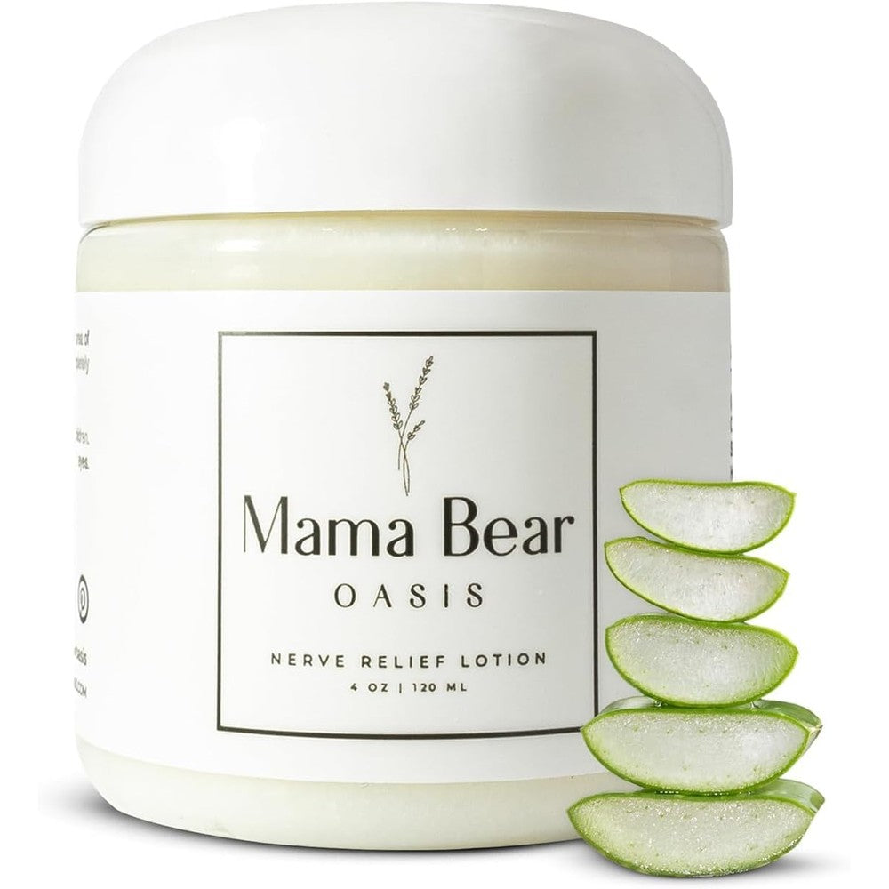 Mama Bear Oasis Neuropathy Nerve Therapy and Relief Cream front view of the four ounce container for targeted foot and hand soothing.