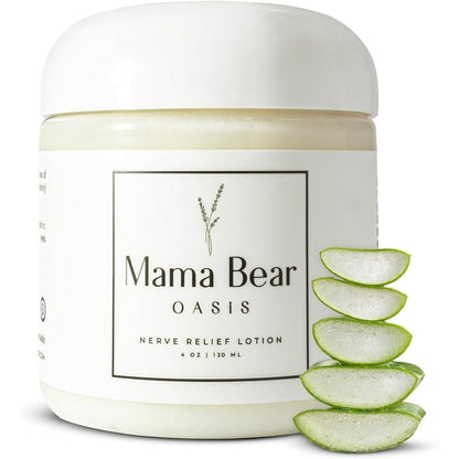 Mama Bear Oasis Neuropathy Nerve Therapy and Relief Cream front view of the four ounce container for targeted foot and hand soothing.