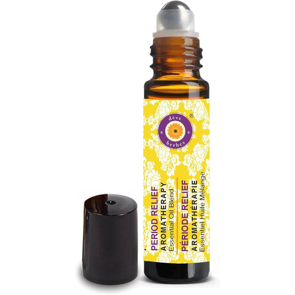 Deve Herbes Period Relief Essential Oil Blend front view of the 10ml amber glass roll on bottle
