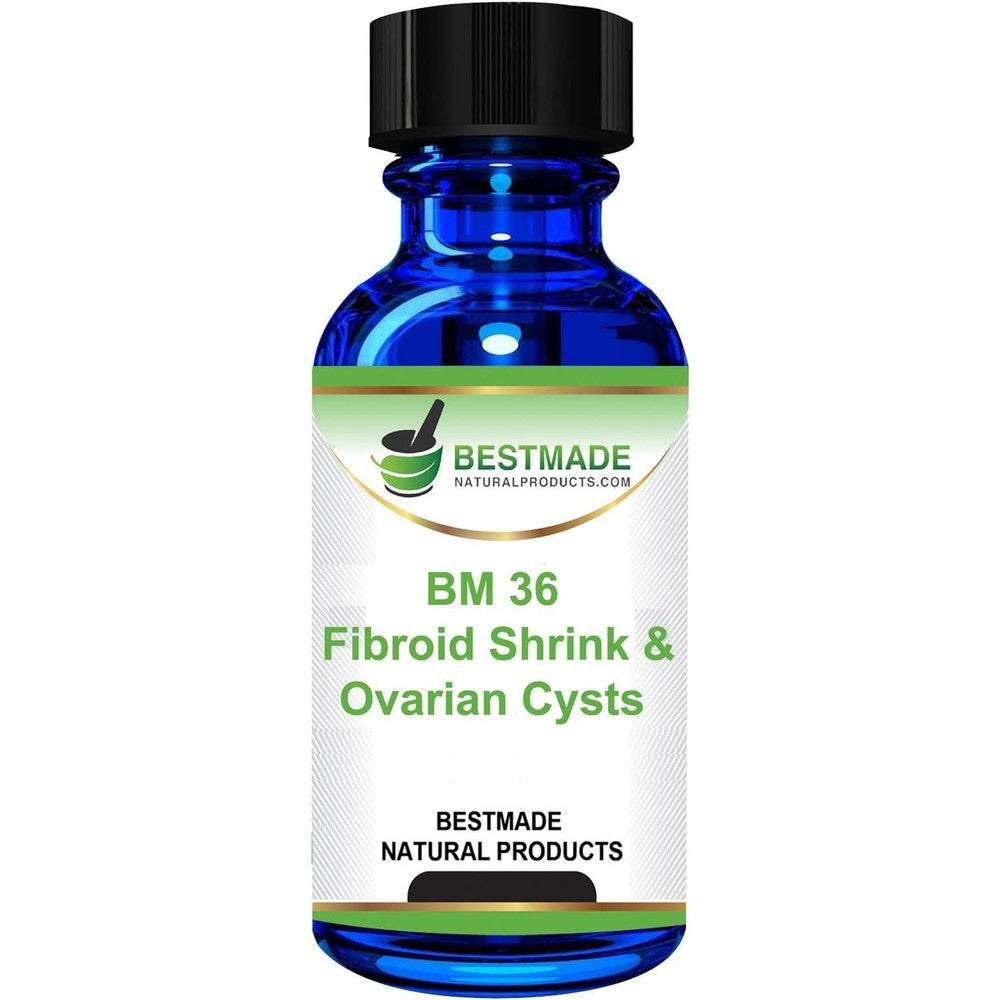 Bestmade Natural Products BM36 Fibroid Shrink and Ovarian Cysts Remedy front view blue glass bottle for natural hormonal support.