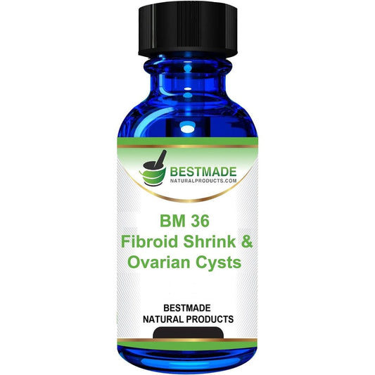 Bestmade Natural Products BM36 Fibroid Shrink and Ovarian Cysts Remedy front view blue glass bottle for natural hormonal support.