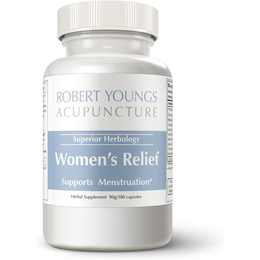 Robert Youngs Acupuncture Women's Relief 180 capsules front view bottle for natural period cramp care