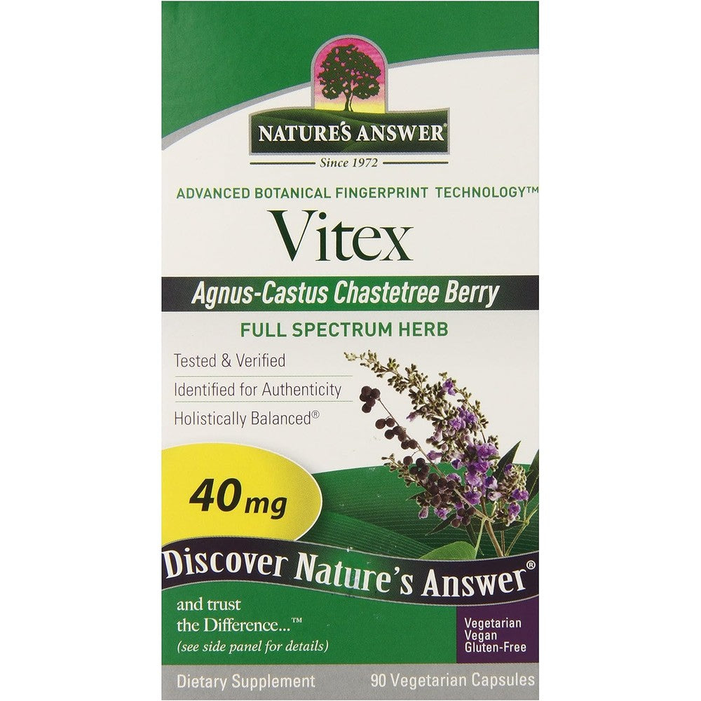 Nature's Answer Vitex Agnus-Castus 90 vegetarian capsules front label view showing premium female hormonal balance supplement packaging.