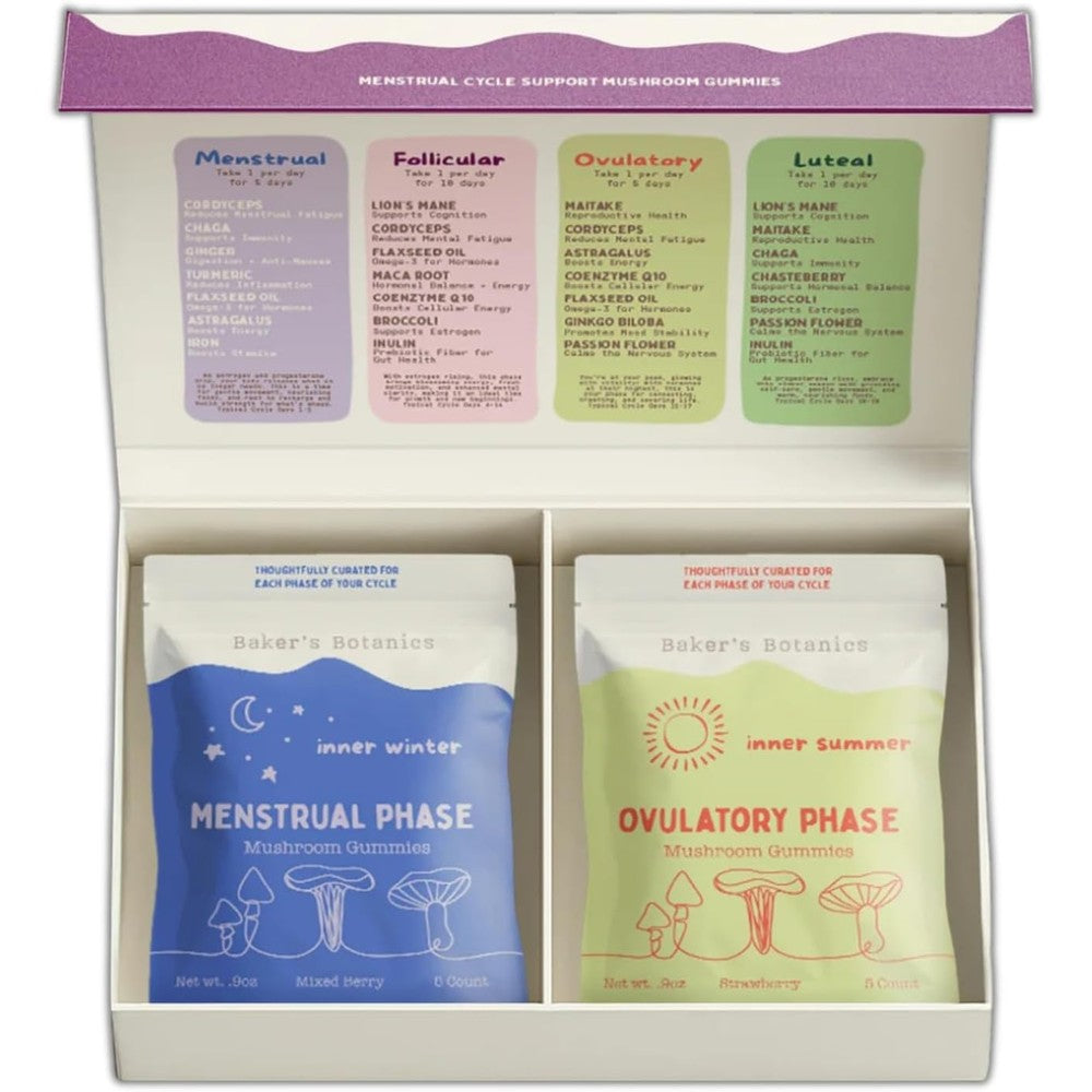 Baker's Botanics Period and PMS support mushroom gummies front view