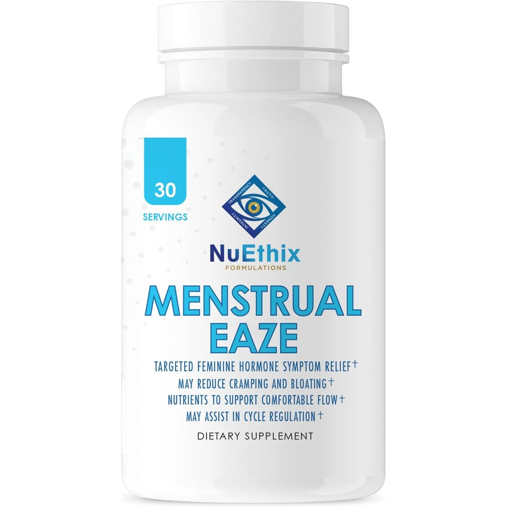 NuEthix Formulations Menstrual Eaze front view bottle showing premium targeted hormone support supplement for women.