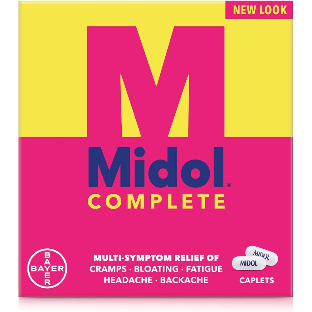 Midol Complete menstrual period symptoms relief caplets front packaging for cramp relief