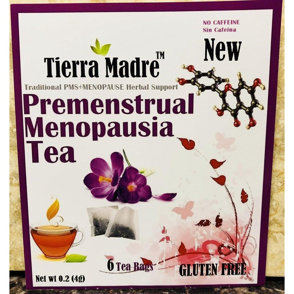 Tierra Madre Premenstrual Menopausia Tea front packaging showing six packs of natural herbal tea for hormonal support.