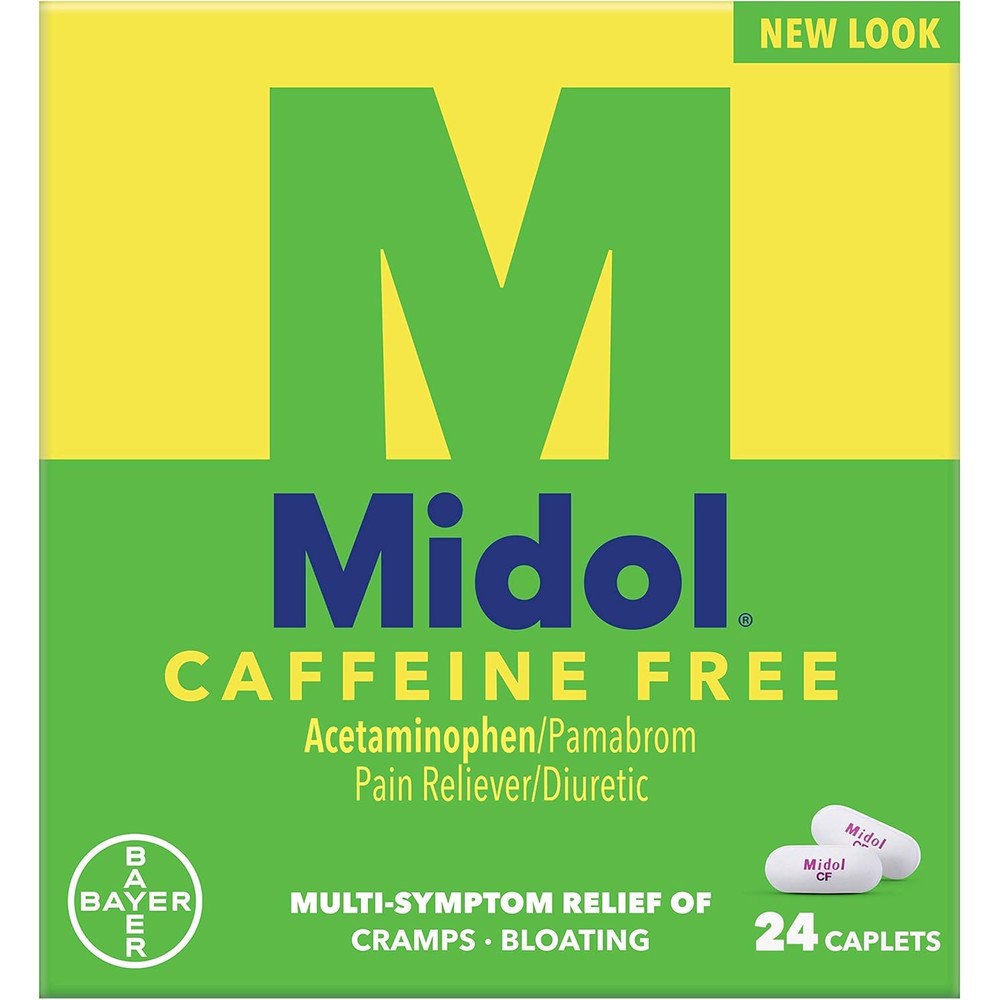 Bayer Healthcare Midol Complete Caffeine Free 24 caplets front packaging for menstrual cramp relief
